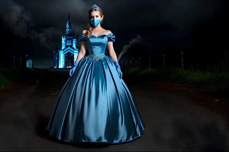 Cinderella wearing her beautiful blue satin ballgown and long blue satin gloves and a covid facemask, post-apocalyptic background