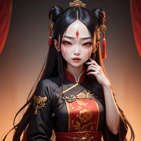 （one-girl），（Wearing the official uniform of the Chinese Qing Dynasty），There are Dao talismans on the forehead，Fangs，Long red nails，long whitr hair，The expression is grim，Background Black