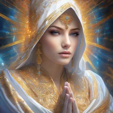 (masterpiece, top quality, best quality, official art, beautiful and aesthetic:1.2), (1girl), extreme detailed, (fractal art:1.3), colorful, highest detailed, perfect face, upper body, HDR, (praying:1.3), (white cloak golden lines:1.2), galaxy, (light stre...