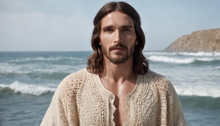 jesus christ, handsome man, wearing crochet clothes, clear day, walking in the rough sea, professional photo, 4k, ultrarealistic, cinematic