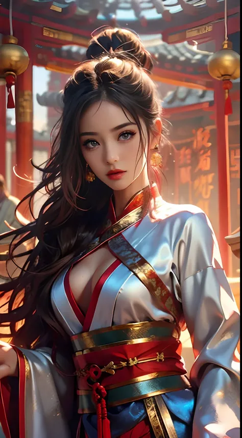 Photorealistic, high resolution, 1 woman, Hips up, Beautiful eyes, Long hair, ringed eyes, jewelry, tattoo, Hanfu, Chinese fairy, Taoist uniform