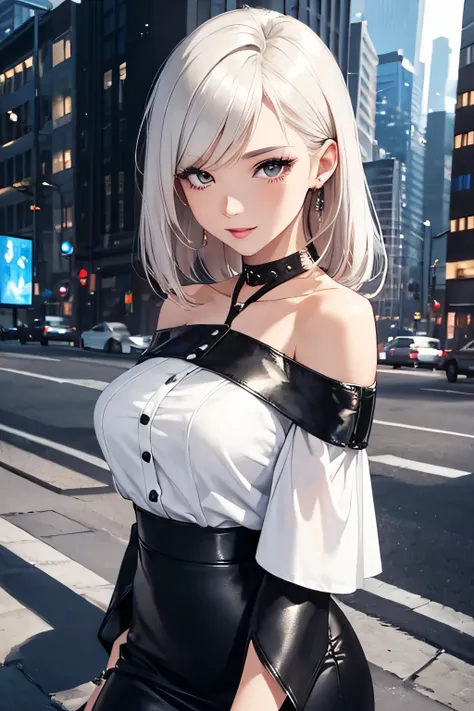 girl with ((white off-shoulder blouse)), ((black leather skirt)), medium breasts, cityscape, flirtatious look, ((very detailed)), (perfectly detailed face), (well detailed hand) photorealistic image.