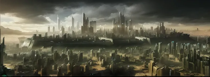 there is a large city with a lot of tall buildings, futuristic dystopian city, vista of futuristic city, dystopian city, landscape of a future city, foggy dystopian world, tectonic cityscape, apocalyptic future city, day cityscape, aerial view of a cyberpu...