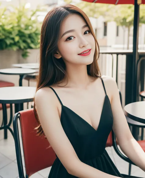 ((Top quality, 8K, masterpiece: 1.3)), Beautiful girl, pure, melon face, gentle and cute, sweet kissing gesture, sweet smile, pure desire, slender body, (front), (tilted head), ((Looking at the camera)), wearing a variety of colored dresses, medium hair, n...