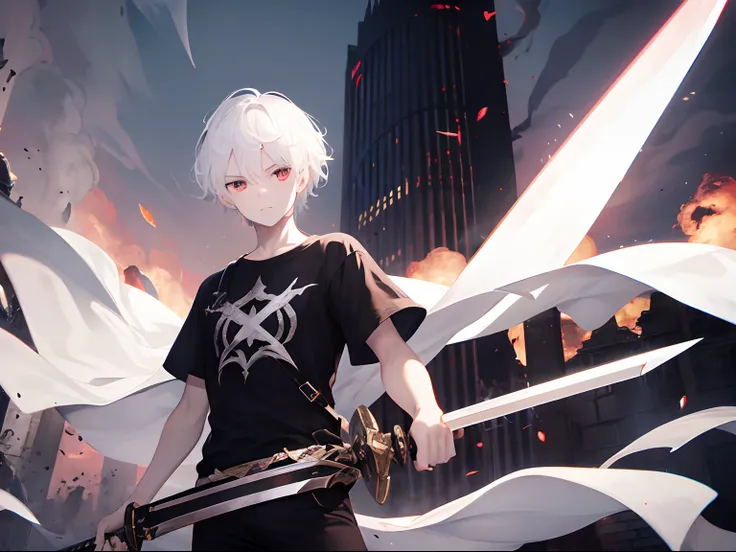 boy, white hair, demonic, dark power, the end of the world, sword, 8k, scary background, destruction background, black t-shirt, white pants