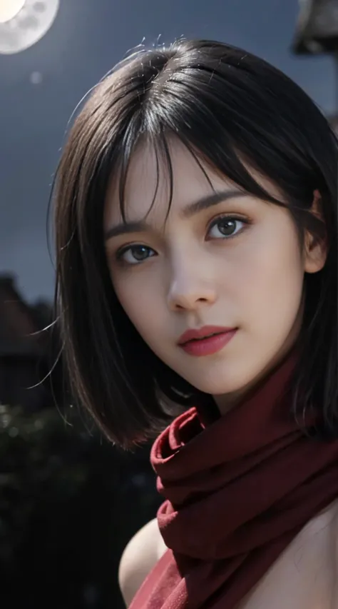 8K, Top Quality, Intricate Details, Ultra Detail, Ultra High Resolution, Masterpiece, random angle, mikasa ackerman,   Slender, Smile, (Makeup: 0.4), (Fluffy Blue Eyes: 1.21), blue Eyes,, ((full body)), 1girl, solo, 1 girl, (( full body)),  close-up shot, ...