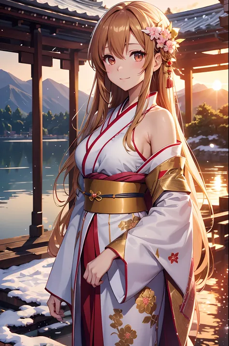 asuna, masterpiece, best quality, detailed, (1girl), solo, detailed golden eyes, long hair, standing, close to viewer, (detailed kimono), light smile, medium breasts,  (arms behind back), water, sunset, (hair ornament), (Sakura bloom),  snow mountain lake ...