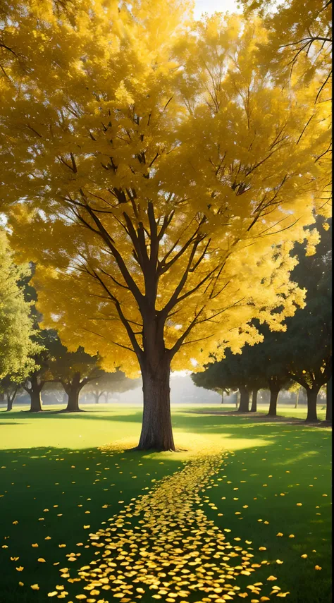 Prompt 1: Imagine a majestic golden tree with wide leaves, brilhando sob o sol. Around the tree, on floor, There is a real collection of heart-shaped golden fruits, all fallen. Imagine what it would be like to walk through this carpet of golden hearts, sen...