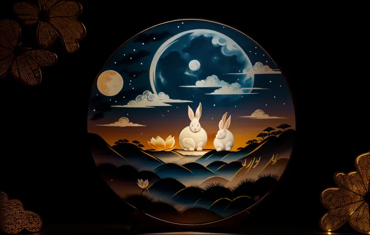 Mid-Autumn Festival moon lights, rabbit Han style lotus, auspicious cloud river hand-painted