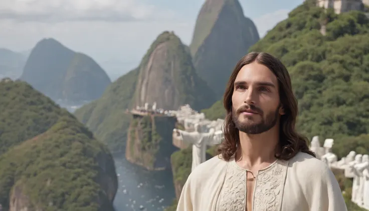 Jesus Christ, handsome man, wearing crochet clothes, clear day, in Rio de Janeiro, with Sugarloaf Mountain in the background of the photo and statue of Christ the Redeemer, professional photo, 4k, ultra-realistic, cinematic