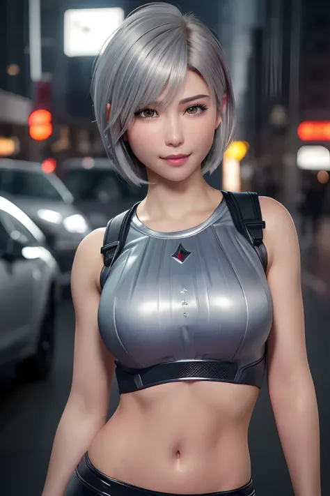 (8k, photorealistic, RAW photo, top quality: 1.4), (1girl), super beautiful, (realistic face), (boyish, silver-colored berry short hair), beautiful cyberpunk suit, glares seducing viewer, beautiful expression, beautiful breasts, (realistic skin), beautiful...