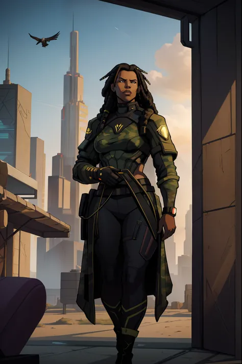 super high res, best quality, (illustration: 1.2), cinematic lighting, 23 year old very tall African American female who wears army camouflage clothing and is part of a team called the Crows, In addition she wears mirrored sunglasses and also has dreads in...