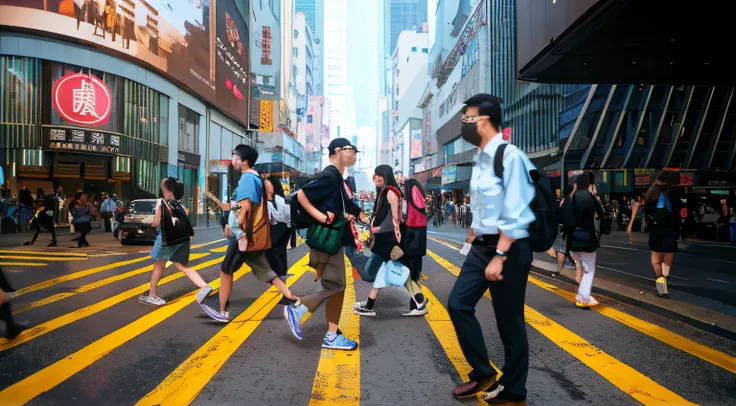 people walking across a crosswalk in a busy city street, people walking down a street, travelers walking the streets, streets of hong kong, busy streets filled with people, people walking on street, busy streets, people walking in street, street of hong ko...