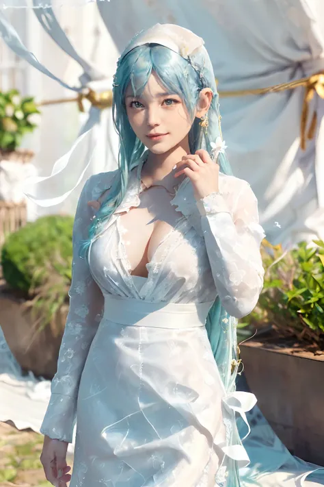 ((top-quality、8K、​masterpiece、Photorealistic:1.4、fine-textured、Beautiful and detailed)), (gold foil, Intricately drawn paisley pattern, Delicate workmanship, (White fabric:1.4), maid dress:1.5), ((Long hair, Beautiful hairstyle, lightbluehair:1.5))、Clear, ...