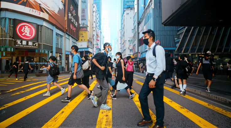 people walking across a crosswalk in a busy city street, streets of hong kong, busy streets filled with people, people walking down a street, street of hong kong, travelers walking the streets, busy streets, people walking on street, people walking in stre...