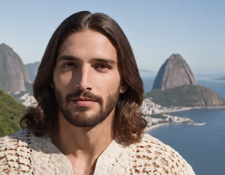 Jesus Christ, handsome man, wearing crochet clothes, clear day, in Rio de Janeiro, with Sugarloaf Mountain in the background of the photo and statue of Christ the Redeemer, professional photo, 4k, ultra-realistic, cinematic