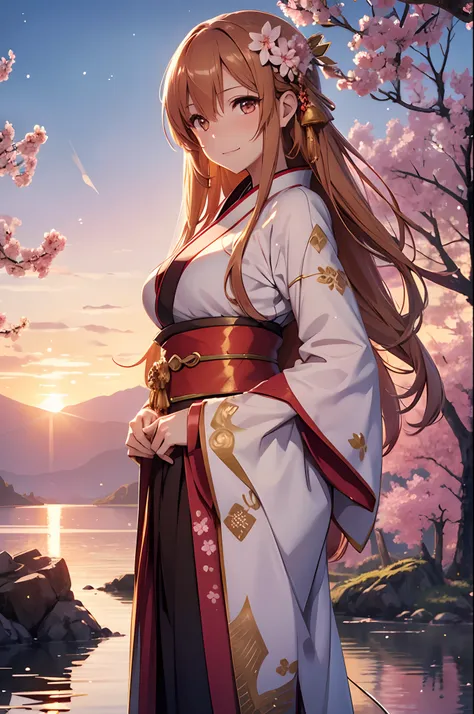 asuna, masterpiece, best quality, detailed, (1girl), solo, detailed golden eyes, long hair, standing, close to viewer, (detailed kimono), light smile, medium breasts,  (arms behind back), water, sunset, (hair ornament), (Sakura bloom),  snow mountain lake ...