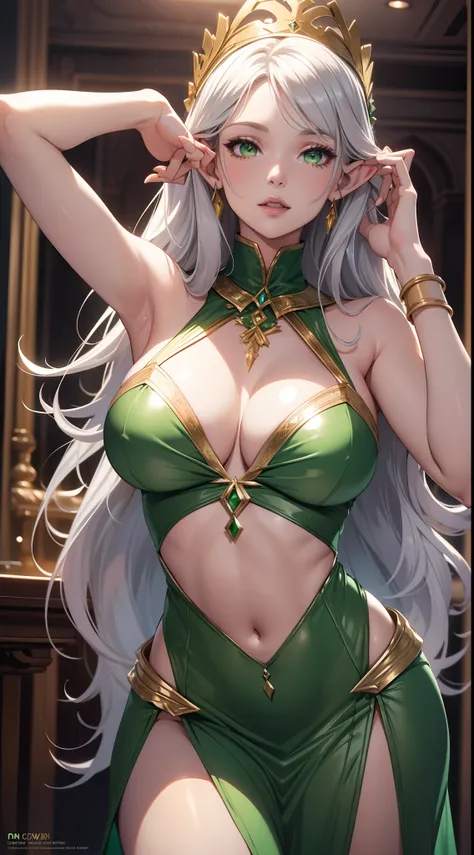 Grown-up girl, Long silver hair, elf ears, Green eyes, large breasts, Green lipstick, green dress, open dress, open breasts, Sleeveless, Sexy, erotic dress, transparent dress, Princess, Gold Elements, Hands up, Masterpiece, hiquality, 4k, HD, Good detail