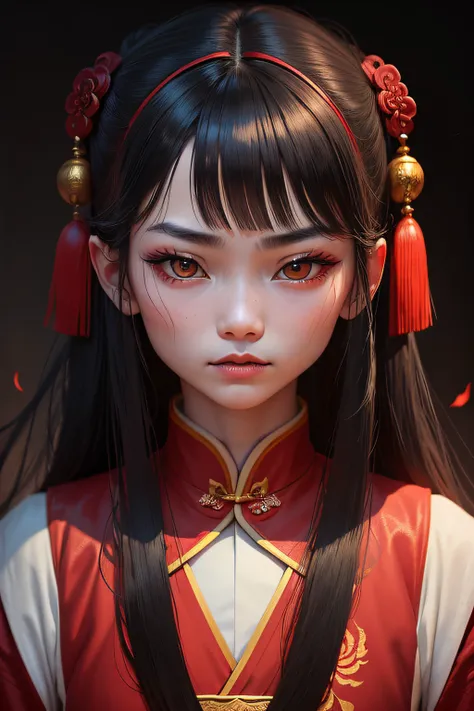 （one-girl），（Wearing the official uniform of the Qing Dynasty of China），There are Dao talismans on the forehead，poison fangs，Long red nails，long whitr hair，The expression is grim，Background Black