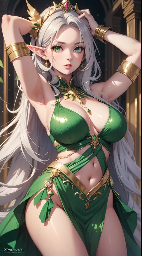 Grown-up girl, Long silver hair, elf ears, Green eyes, large breasts, Green lipstick, green dress, open dress, open breasts, Sleeveless, Sexy, erotic dress, transparent dress, Princess, Gold Elements, Hands up, Masterpiece, hiquality, 4k, HD, Good detail