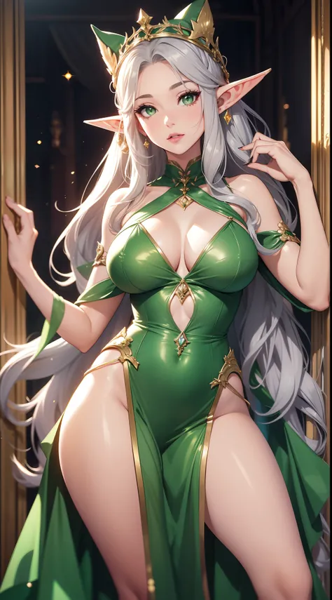 Grown-up girl, Long silver hair, elf ears, Green eyes, large breasts, Green lipstick, green dress, open dress, open breasts, Sleeveless, Sexy, erotic dress, transparent dress, Princess, Gold Elements, Hands up, Masterpiece, hiquality, 4k, HD, Good detail