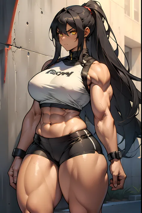 ((((((1 girl)))))), solo, black, hair, extremely long hair, yellow eyes, angry, ((((large breasts)))), ((((thick thighs)))), (curvy), (wide hips), (((((muscular))))), toned body, crop top, bike shorts, navel, abs, (concrete)