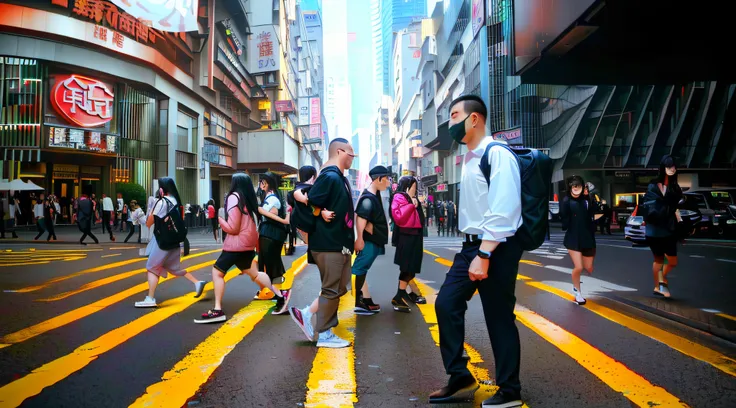 people walking across a crosswalk in a busy city street, streets of hong kong, people walking down a street, busy streets filled with people, street of hong kong, people walking on street, busy streets, people walking in street, travelers walking the stree...