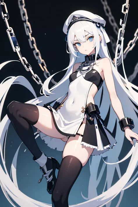 a girl, young, slender and small body, hair color, platinum, light blue eye color, pale white skin color, she has details of chains and handcuffs all over her body, she has a black cap on her head, she wears long socks