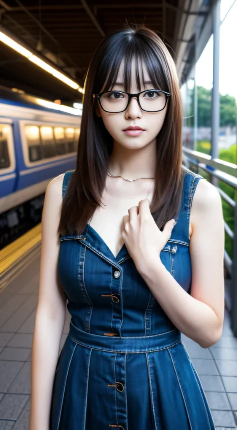 （wears glasses）、Station platform、Train、Take the train、absolutely outstanding image, very extremely beautiful、​masterpiece, top-quality,a picture, kawaii、(Colossal tits:1.2)、,8K,Japan girl realistic young idol、Young cute gravure idol、Young Sensual Gravure I...