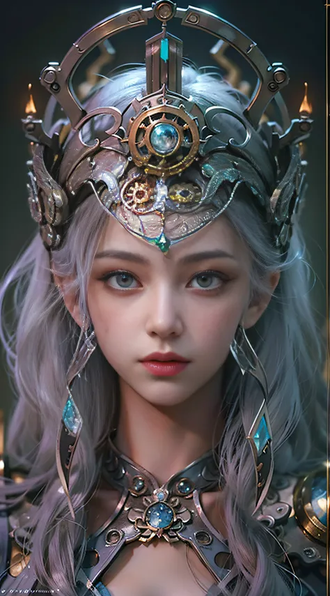 (((Masterpiece, top quality, super detailed))), (((One endless mage girl, 14 years old, radiating magic))), (((complex mechanical headgear, complex mechanical steampunk fashion and overdecorated gothic fashion and neon glitter cyberpunk fashion fusion of))...