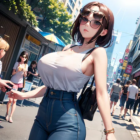 （Movie Angle：1.2），streetview，（1个Giant Breast Girl，sun glasses，Summer clothes），（best qualtiy，the detail，tmasterpiece，offcial art，movie light effect，4K）