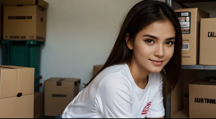 RAW Photo, DSLR BREAK (kkw-ph1:0.9) BREAK half body portrait of 1 young 20yo woman, holding box, holding box, brown hair, wearing plain white t shirt, plain white trucker cap, perfect eyes, perfect lips, perfect nose, professional color graded, wonderful w...