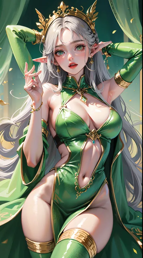 Grown-up girl, Long silver hair, elf ears, Green eyes, large breasts, Green lipstick, green dress, open dress, open breasts, Sleeveless, Sexy, erotic dress, transparent dress, Princess, Gold Elements, Hands up, Masterpiece, hiquality, 4k, HD, Good detail