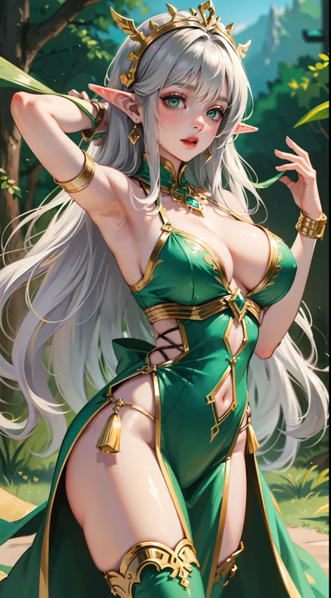 Grown-up girl, Long silver hair, elf ears, Green eyes, large breasts, Green lipstick, green dress, open dress, open breasts, Sleeveless, Sexy, erotic dress, transparent dress, Princess, Gold Elements, Hands up, Masterpiece, hiquality, 4k, HD, Good detail