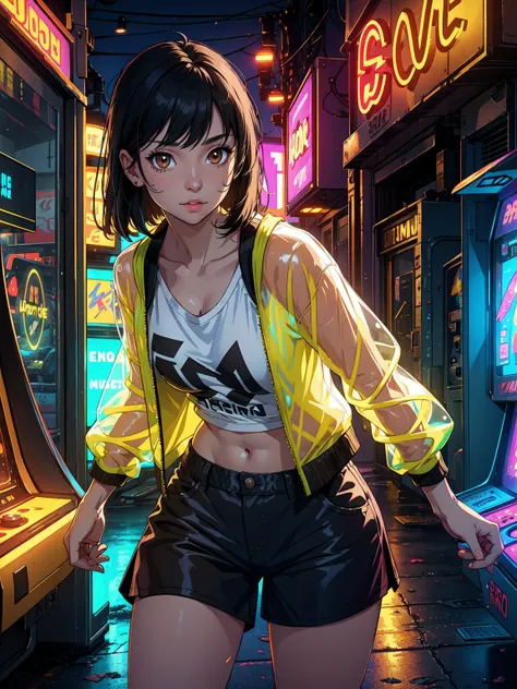 One women, arcade games environment, 8k resolution, night 12 am, neon colors, ((highligher yellow jacket transparent)), undershirt white, 90s, shadows, reflections, wide open road, turning around, black hair, ((brown eyes)), rosy blush under the eyes, medi...