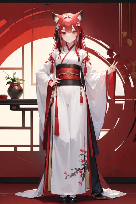 red tinted hair，Red fox ears，Golden eyes，child，Hanfu，China-style，full bodyesbian，Full body standing painting