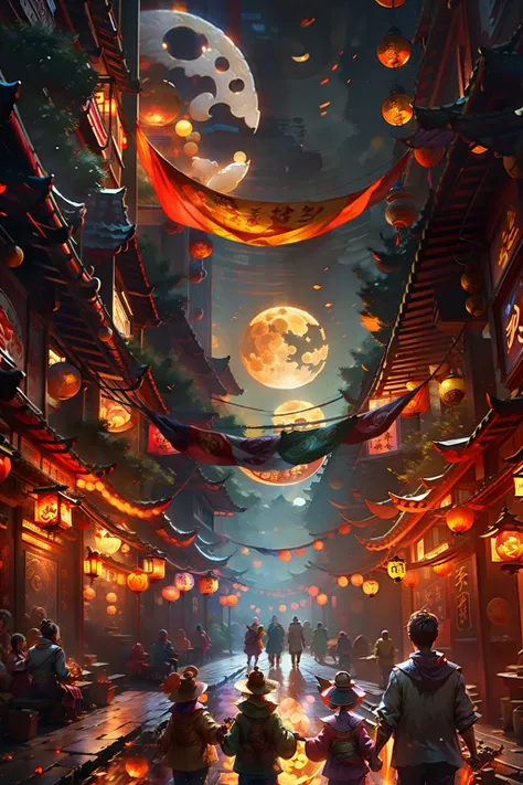 Mid-Autumn Festival poster depicting street atmosphere，Family reunion，Enjoy the moon together，Children playing with lanterns