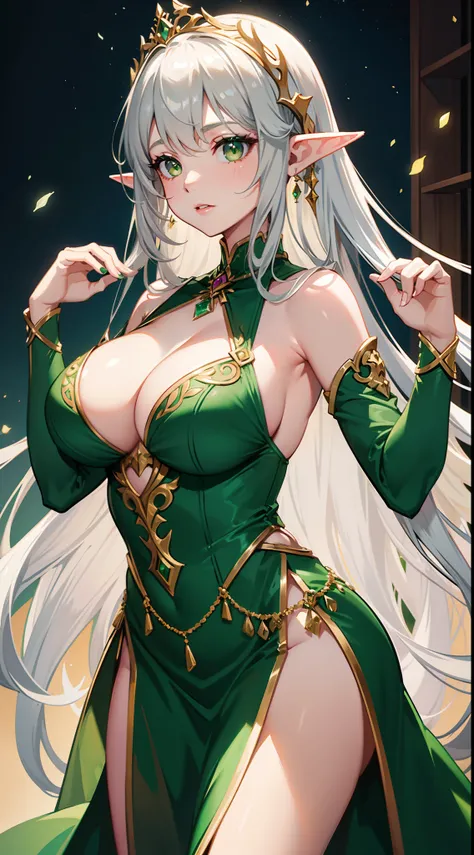 Grown-up girl, Long silver hair, elf ears, Green eyes, large breasts, Green lipstick, green dress, open dress, open breasts, Sleeveless, Sexy, erotic dress, transparent dress, Princess, Gold Elements, Hands up, Masterpiece, hiquality, 4k, HD, Good detail