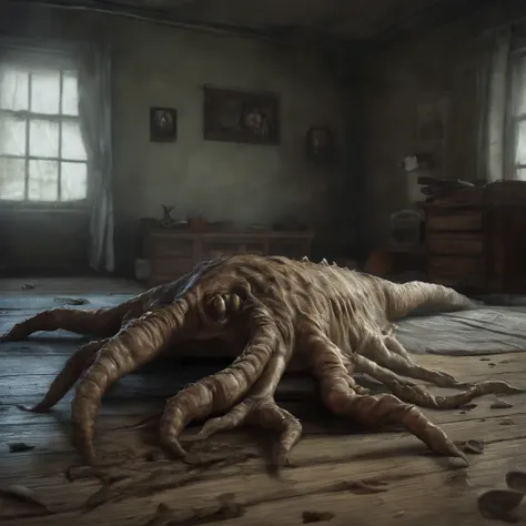 there is a creepy creature that is laying on the floor, the monster under the bed, sleep paralysis monster, creepy, scary,