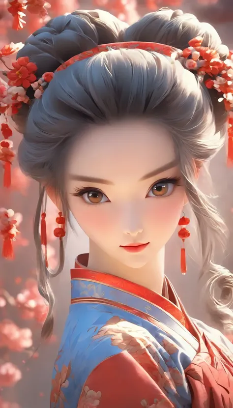 A cartoon illustration of a lady in ancient China，The artistic image of a girl wearing a blue Chinese style Hanfu is depicted，With elegant beauty、Blend patterns、closeup cleavage、Charming characters、illustratio、folkloric