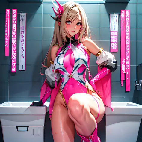 Transformation heroine of justice　Fluorescent pink leotard　Fluorescent Pink Long Boots　Wrinkled boots　Fluorescent pink gloves　Fluorescent pink cloak　Neat and clean image　Gold decoration　Costumes with fancy decorations　justice　poneyTail　a blond　hair adornme...