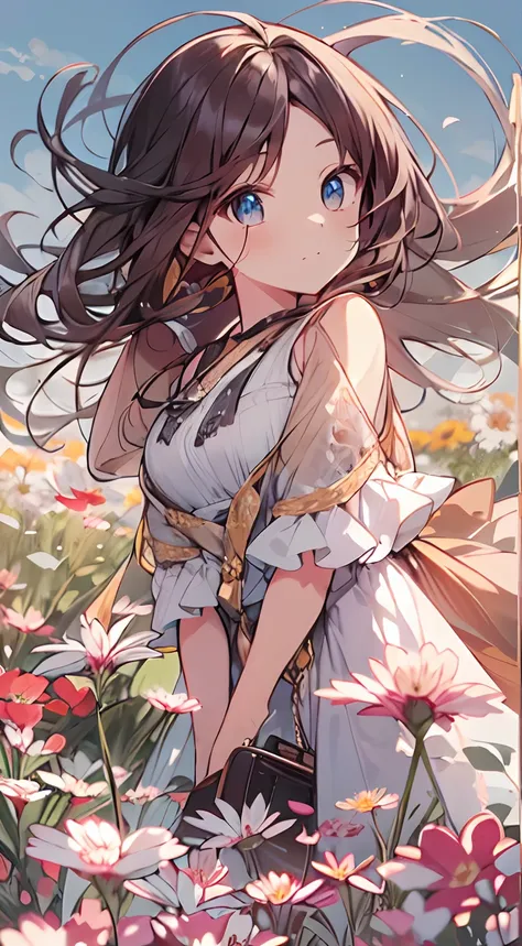 masutepiece, Best Quality,Illustration, Wallpaper, Ultra Detail, Absurd beauty、1 beautiful girl、 (Semi-long hair、short braided hair), Beautiful ultra-detailed eyes , Hair fluttering in the wind、Keep your head small、flower  field、great outdoors、Landscape of...