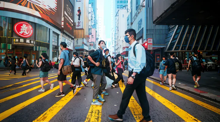 people walking across a busy city street in the middle of the day, streets of hong kong, people are wearing masks, busy streets filled with people, busy streets, people walking on street, street of hong kong, people walking in street, travelers walking the...