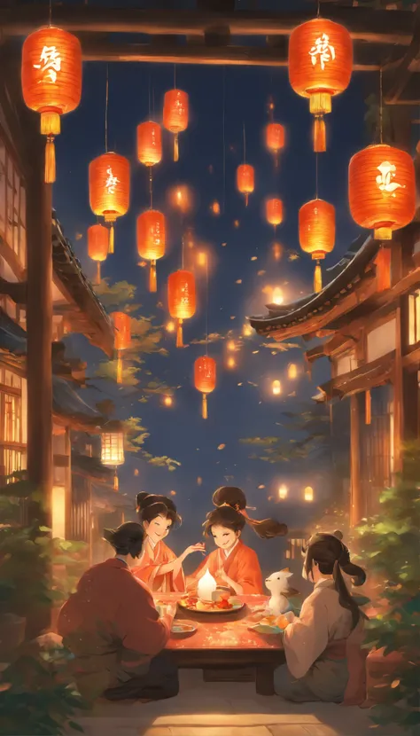 The family sits together, Enjoy a festive dinner, Surrounded by a warm and comfortable atmosphere. The room was beautifully decorated，Equipped with lanterns, Symbolizes the joy of the Mid-Autumn Festival. The table is filled with a variety of delicacies, I...