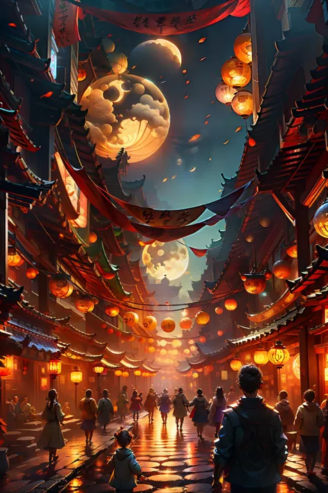 Mid-Autumn Festival poster depicting street atmosphere，Family reunion，Enjoy the moon together，Children playing with lanterns