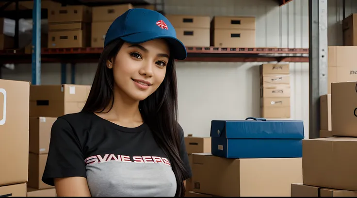 RAW Photo, DSLR BREAK (kkw-ph1:0.9) BREAK half body portrait of 1 young 20yo woman holding brown boxes, black hair, wearing plain blue t shirt, plain blue trucker cap, perfect eyes, perfect lips, perfect nose, professional color graded, wonderful woman, ec...