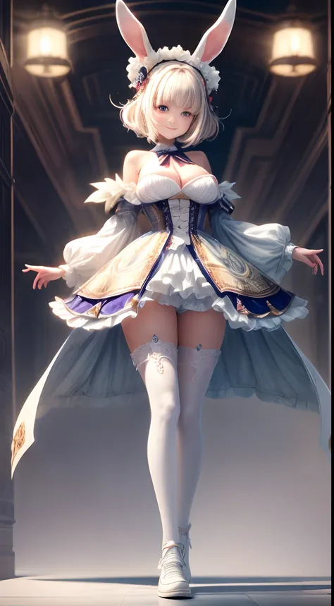 White gradient background，（in a panoramic view：1.2，full bodyesbian：1.2），1个Giant Breast Girl，anatomy correct，Rabbit-shaped headdress，short detailed hair，ssmile，Rabbit pattern clothes，White shoes，perfectly proportions，extremelydetailedface，（Best quality at b...