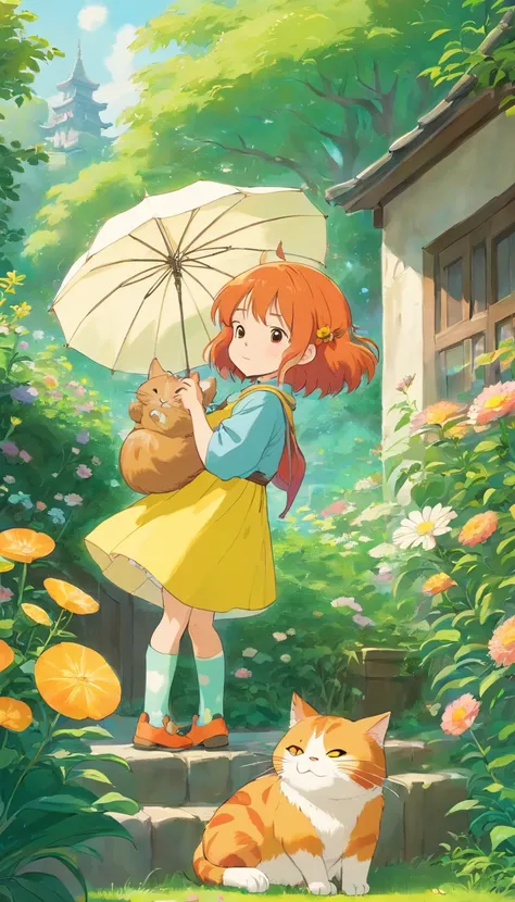 In the garden, a little girl with orange hair lies on the tail of a huge cat，Childrens picture book style，The cat cat is very big，The girl wears a floral dress and green patterned socks，Cute little flowers grow on the lawn，Next to it is a cute umbrella tha...