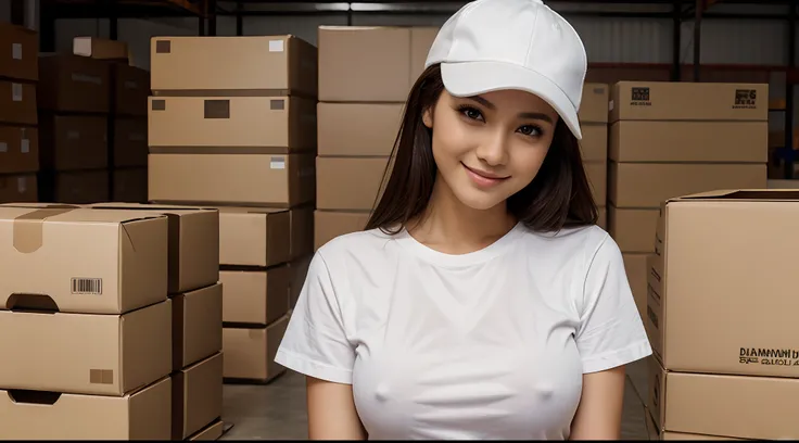 RAW Photo, DSLR BREAK (kkw-ph1:0.9) BREAK half body portrait of 1 young 20yo woman holding brown boxes, brown hair, wearing plain white t shirt, plain white trucker cap, perfect eyes, perfect lips, perfect nose, professional color graded, wonderful woman, ...