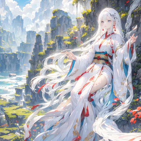 A white-haired boy，Meditate on the lotus，Double closed ten，The water is calm，Backed by mountains and rivers，The galaxy is brilliant，Manhwa Style，HD graphics